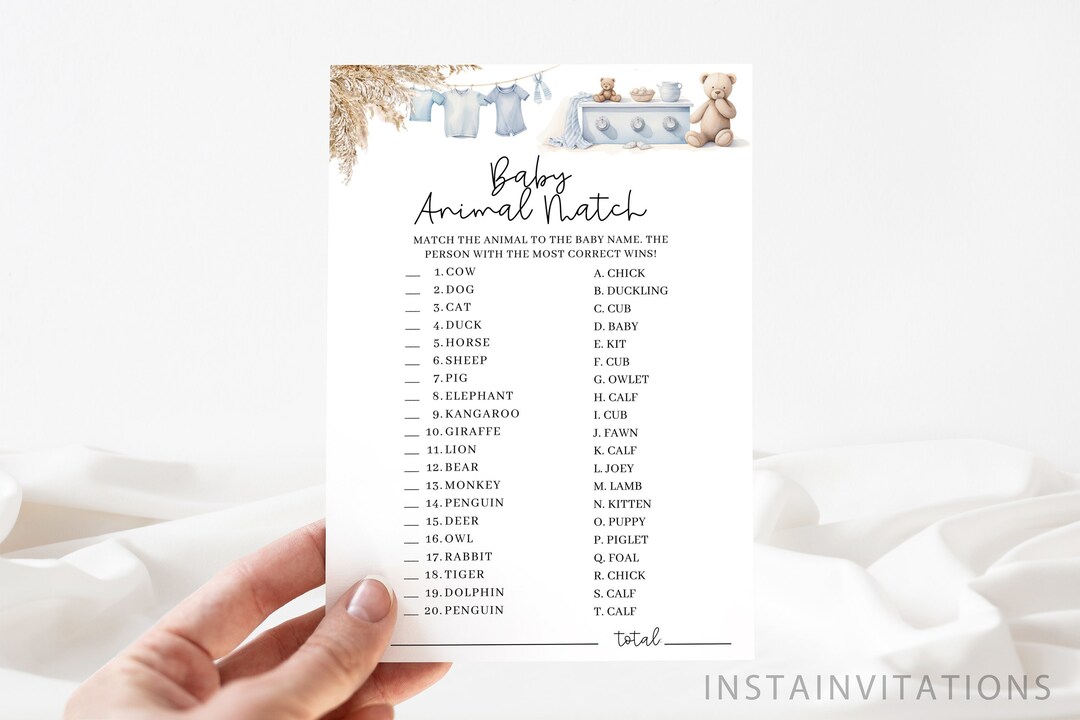 Baby Animal Match Baby Shower Game, Teddy Bear Boy Baby Shower, Baby ...