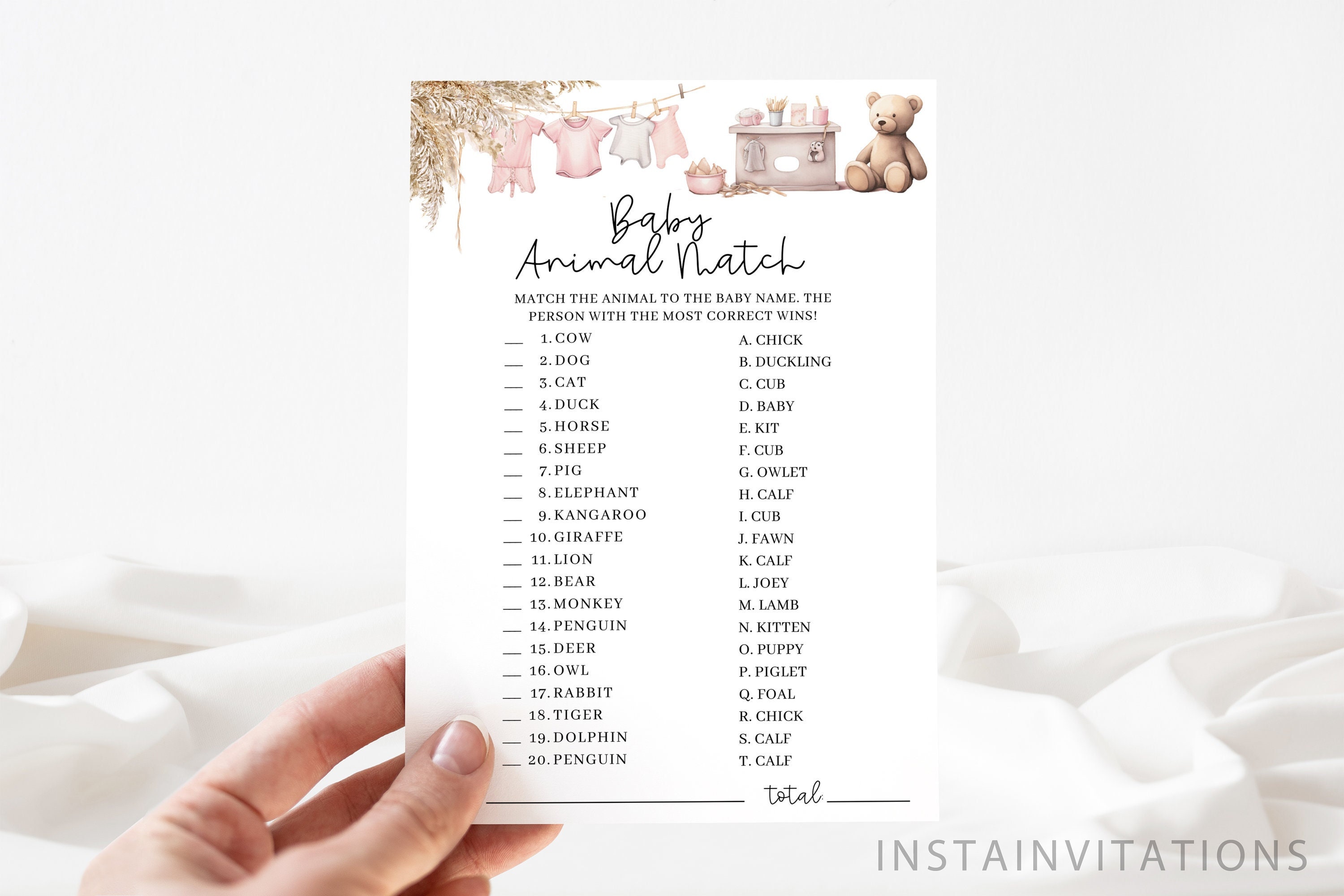 Blush Greenery Baby Shower Game Bundle - 25 Player Pack With Animal Match & Candy Guessing - Rustic Floral Theme For Girl Baby Showers