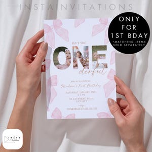 Editable Isn't She ONEderful Pink Bow First Birthday Invitation, 1st Birthday for Girls, Boho ribbon, Instant Download PB001