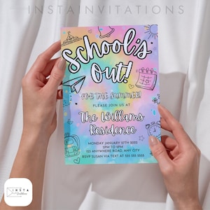 Invitación editable para fiesta de fin de curso, colorida, con efecto tie-dye, para la fiesta de verano, con brillo neón, imprimible, descarga instantánea SOT1