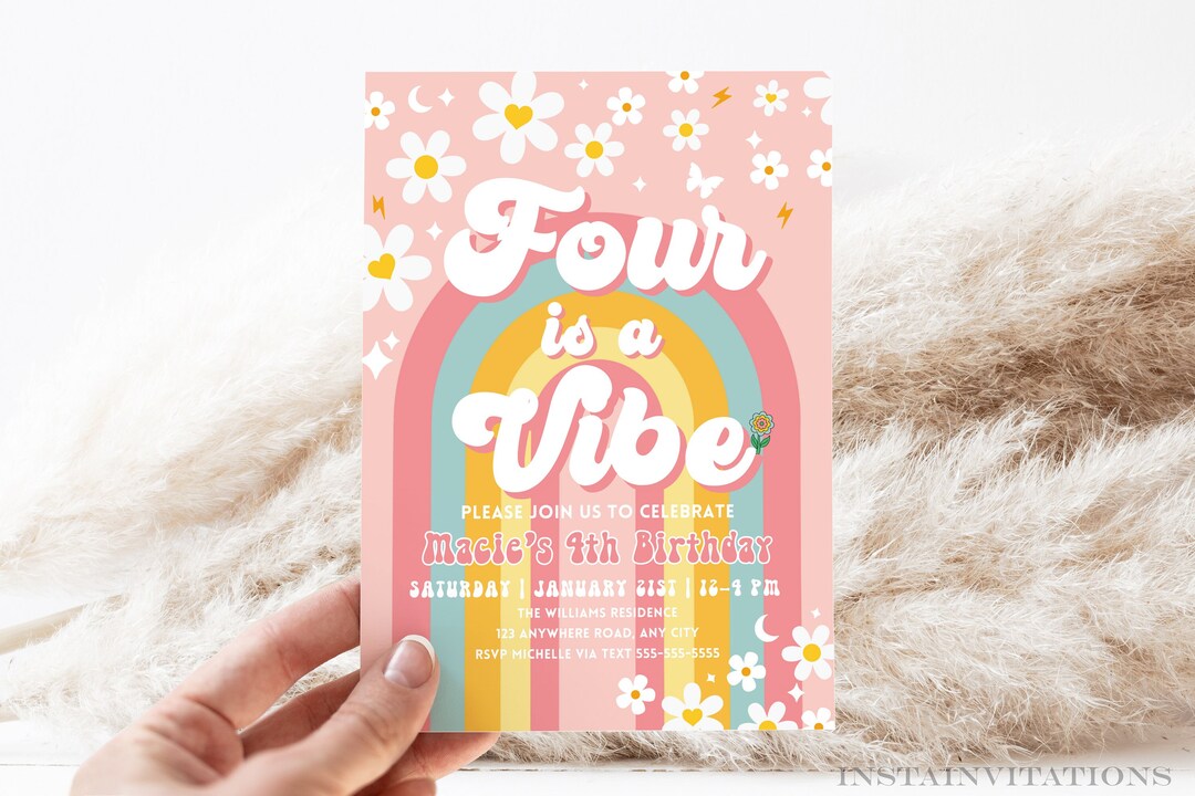 Editable Four is A Vibe Rainbow Groovy Invite 4th Birthday Invite Pink ...