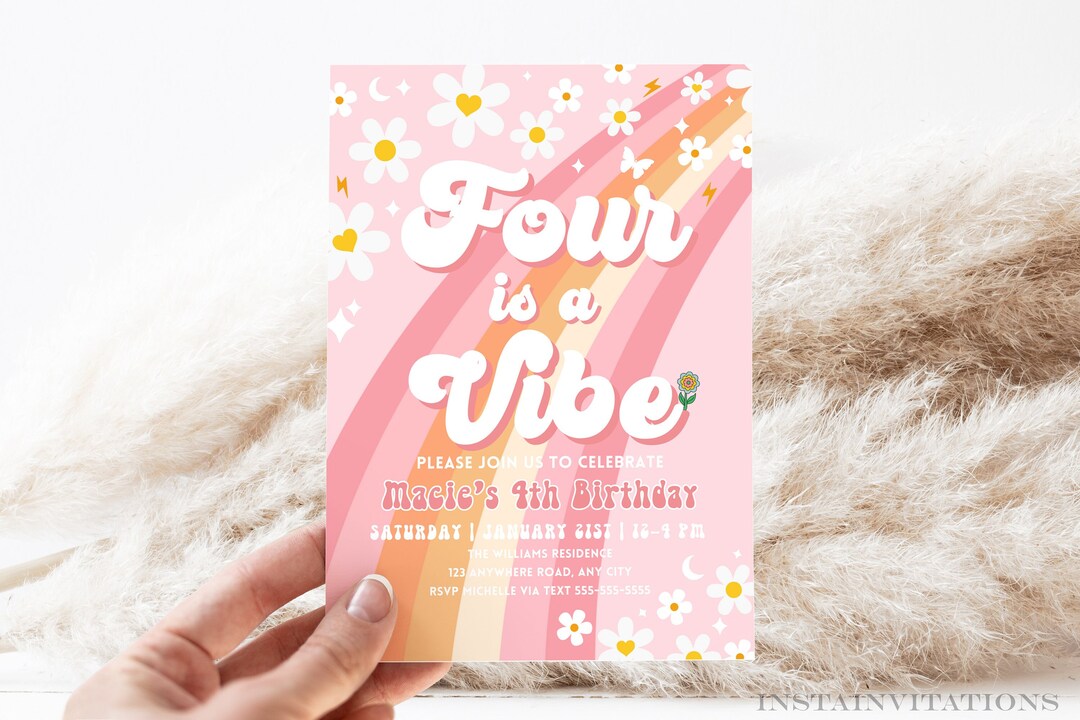 Editable Four is A Vibe Rainbow Groovy Invite 4th Birthday Invite Pink ...