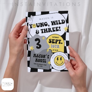 Editable Checkered Smiley Face Groovy Retro Birthday Invite, Young Wild and THREE Emoji Invitation Boy 3rd Birthday, Instant Download GRY00