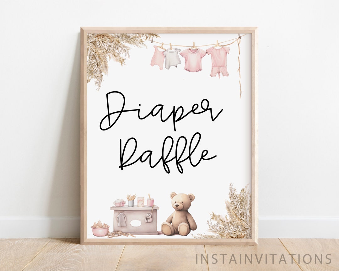 Pink Diaper Raffle Sign Diaper Raffle Sign, Teddy Bear Pink Girl Baby Shower Baby Clothesline ...