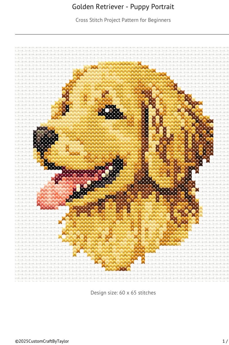 K&ouml;nnte beinhalten: Kreuzstich-Muster f&uuml;r ein Golden Retriever-Welpen-Portr&auml;t. Der Welpe schaut nach links mit herausgestreckter Zunge. Die Gr&ouml;&szlig;e des Designs betr&auml;gt 60 x 65 Stiche.