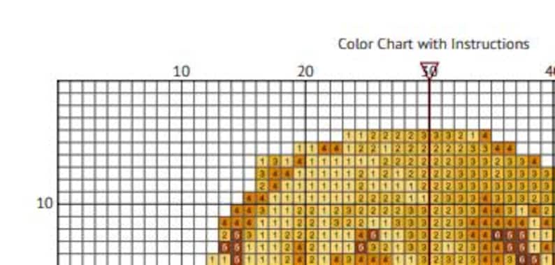K&ouml;nnte beinhalten: Ein Kreuzstich-Musterdiagramm mit einer Farbtabelle und Zahlen, die die Farbe und Platzierung jedes Stiches angeben. Das Muster zeigt ein braunes, orangefarbenes und gelbes Design.