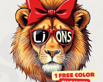 Red Lions mascot png | Coquette Lions png | Lions school spirit png l Lions Shirt PNG | Lions hair bow glasses download