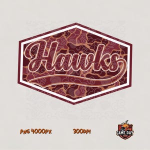 May include: A hexagonal graphic design featuring the word Hawks in a white script font with a maroon outline. The background inside the hexagon consists of a maroon and brown camouflage pattern with swirling cloud motifs. Text reads PNG 4000Px 300DPI.