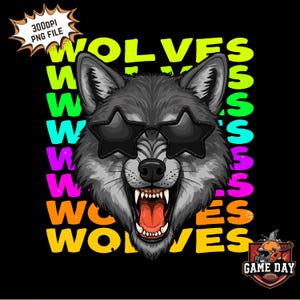 Neon Wolves PNG: Glitter Star Glasses, Sublimation Design (Digital Download)