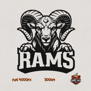 May include: Black and white graphic of a ram's head with large curved horns, centered above the word "RAMS" in bold letters. The image has a vintage, stylized design, suitable for sports team merchandise.