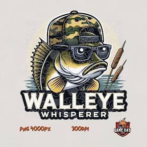 May include: A cartoon illustration of a walleye fish wearing a camouflage hat and glasses. The text "WALLEYE WHISPERER" is displayed below the fish. Two cattails are to the right of the fish. The image has a "Game Day" logo in the bottom right corner.