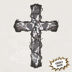 May include: A black and white camouflage cross with a vine design. The cross is outlined in black and has a white background.