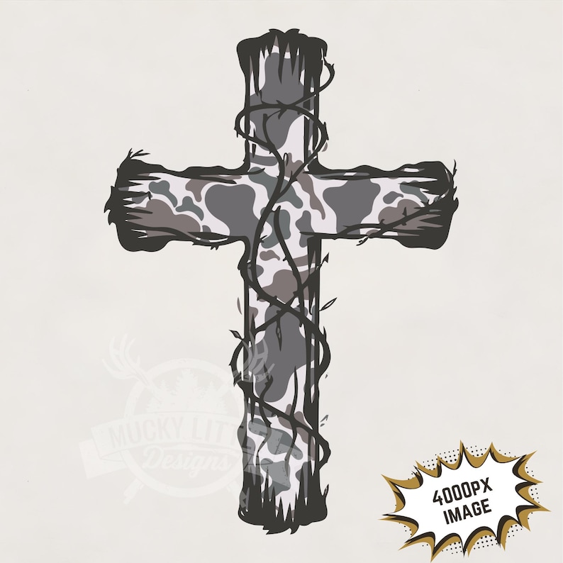 May include: A black and white camouflage cross with a vine design. The cross is outlined in black and has a white background.