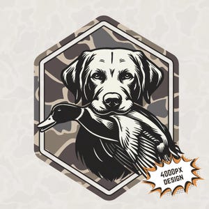 May include: Black and white illustration of a Labrador Retriever dog carrying a duck in its mouth. The dog is set against a camouflage background with a 4000px design label.