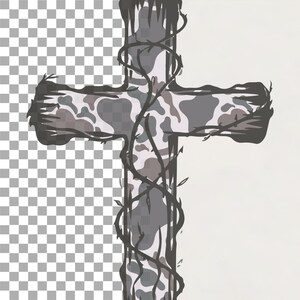 May include: A gray and white camouflage cross with vines wrapped around it.