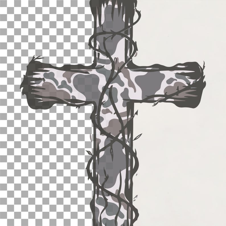 May include: A gray and white camouflage cross with vines wrapped around it.