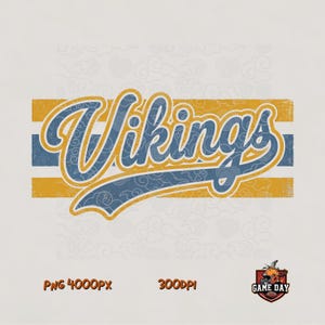 May include: A digital graphic design featuring the word Vikings in a blue script font with a yellow outline, set against horizontal yellow and blue stripes. The design includes a subtle cloud pattern and a small football helmet logo with the text Game Day.
