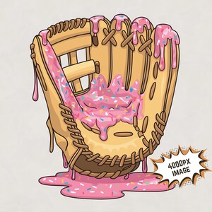 May include: A baseball mitt covered in pink frosting and sprinkles. The frosting is dripping down the sides of the mitt.