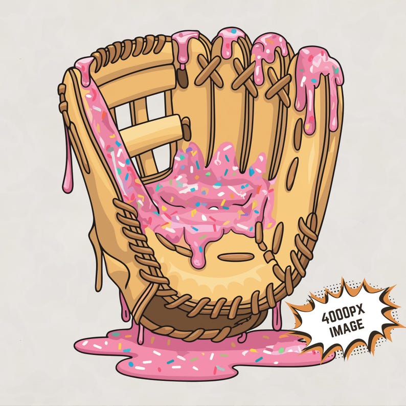May include: A baseball mitt covered in pink frosting and sprinkles. The frosting is dripping down the sides of the mitt.