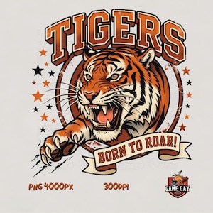 Może przedstawiać: Graficzna ilustracja przedstawiająca warczącego tygrysa z pomarańczowo-czarnym futrem, umieszczona w okrągłej ramie. Słowo TIGERS widnieje dużymi pomarańczowymi literami powyżej, a poniżej znajduje się baner z napisem BORN TO ROAR! oraz małe czarne i pomarańczowe gwiazdki.