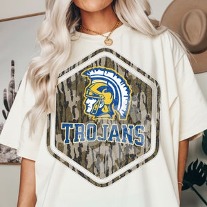 Tojans camo png, Trojans College mascotte team logo ontwerp old school camo, Trojaanse paarden hoofd sublimatie afdrukbestand voor kleding Instant Download