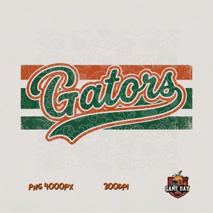 May include: A graphic design featuring the word Gators in a stylized green script with orange outlines, set against horizontal orange and green distressed stripes. The background contains a subtle cloud pattern, with PNG 4000PX 300DPI text below.