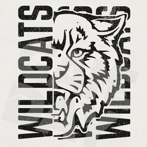 May include: Black and white graphic design of a wildcat's head with the word "WILDCATS" repeated on either side of the image.