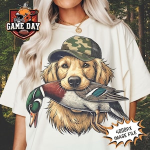 Perro de caza Golden Retriever PNG Sublimación de caza de patos Perro de caza con gorra de camuflaje Archivo de impresión de imagen de sublimación de perros de CAZA para hombres, mujeres y niños