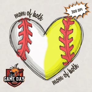 coeur de baseball softball png | Les mamans des deux femmes de baseball softball png femmes baseball ruban sublimation design t-shirts image impression fichier téléchargement