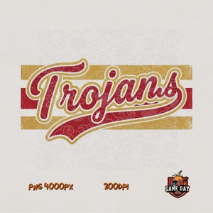 May include: A graphic design featuring the word Trojans in a red script font with a gold outline, set against a background of horizontal red and gold stripes with a subtle cloud pattern. The text PNG 4000PX 300DPI and a football helmet logo appear.
