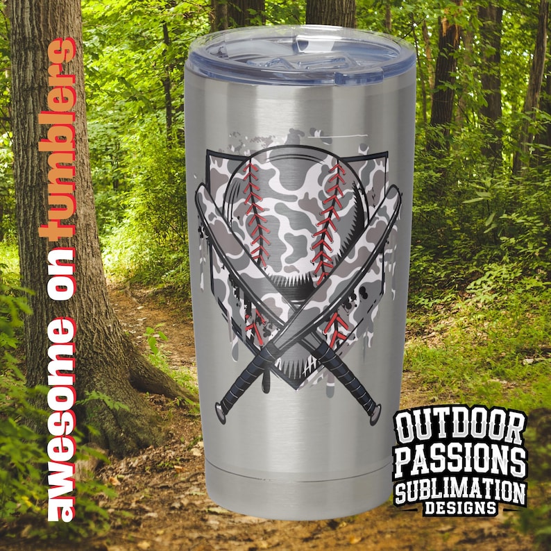 May include: A stainless steel tumbler with a camouflage baseball and crossed bats design. The tumbler has a silver finish and the design is in shades of gray, black, and red. The text "OUTDOOR PASSIONS SUBLIMATION DESIGNS" is printed on the bottom of the tumbler.