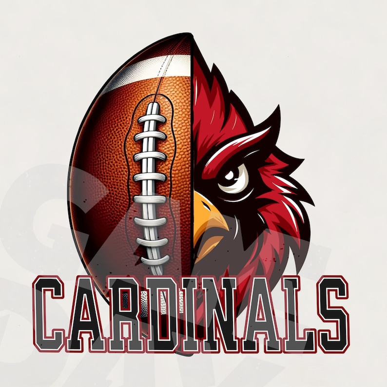 May include: A graphic design featuring a football and a cardinal bird, split vertically. The football is brown with white laces, and the cardinal is red, black, and yellow. The word "CARDINALS" is displayed in a bold, blocky font.