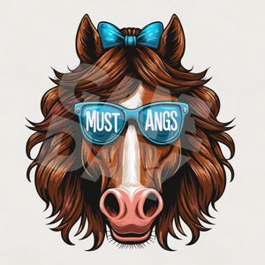 Blue Mustangs mascot png | Coquette Mustangs png | Mustangs school spirit png l Mustangs Shirt PNG |  Mustangs hair bow glasses  download