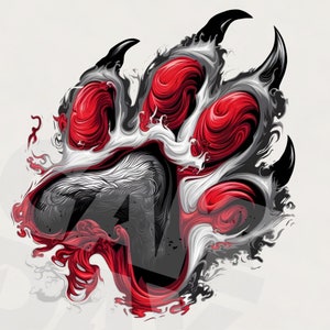 Puede incluir: Una ilustración estilizada de una huella de pata con patrones de remolino rojos, blancos y negros. La huella de pata se representa como si estuviera hecha de líquido.