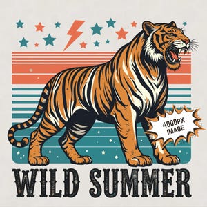 Tiger Wilder Sommer PNG | Retro Sommer Sublimation, lebendige Illustration Tiger Maskott Design Druckdatei für Mädchen Frau Frau Mutter