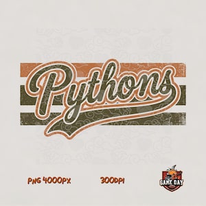 May include: A graphic design featuring the word Pythons in a cursive script font with a distressed texture. The text is layered over three horizontal stripes in shades of orange and dark green, decorated with a subtle cloud pattern throughout.