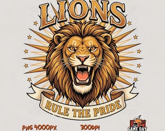 Vintage Lions PNG: mascotte van een team uit de jaren 50, schoolgeest sublimatiebestand, digitale download.