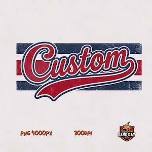May include: A graphic design featuring the word Custom in a red script font with a dark blue outline. The text is layered over a horizontal background of three stripes in dark blue, red, and dark blue. The text PNG 4000Px 300DPI and a small logo.