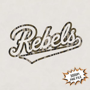 Texto de camuflaje rebelde PNG, texto de mascota escolar de camuflaje rebelde de la vieja escuela PNG, sublimación DTG, fondo transparente, archivo de impresión, descarga instantánea