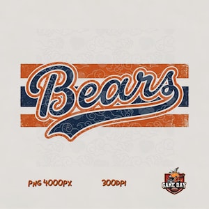 Könnte beinhalten: Ein Grafikdesign mit dem Wort Bears in dunkelblauer Schreibschrift mit orangefarbener Umrandung. Der Text ist vor horizontalen orangefarbenen und dunkelblauen Streifen mit einem dezenten Wolkenmuster platziert. Unten steht PNG 4000PX 300DPI.