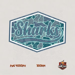 Camo Sharks PNG: Team Script Logo School Spirit Sublimation File Digital Download
