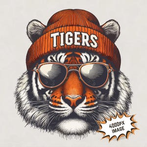 May include: A tiger wearing a bright orange beanie with the word "TIGERS" in white lettering and sunglasses. The tiger has a serious expression and is looking directly at the viewer.