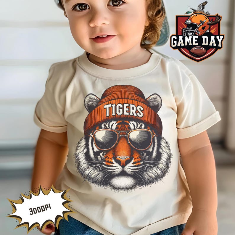 May include: A toddler wearing a white t-shirt with a graphic of a tiger wearing a hat that says "TIGERS" and sunglasses. The shirt has a distressed look and is perfect for a game day.