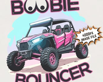 Peut inclure: Un véhicule tout-terrain rose avec une cage de sécurité noire et des roues noires. Le véhicule est sur une plage de sable avec un ciel bleu en arrière-plan. Le texte "Boobie Bouncer" est écrit en lettres noires en bas de l'image. Une bulle de dialogue avec le texte "4000PX IMAGE FILE" est dans le coin supérieur droit de l'image.
