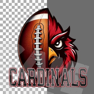 May include: A digital illustration combining a brown American football with white laces and a red cardinal bird. The word "CARDINALS" is written in a bold, collegiate font, with a red outline and black fill.