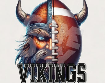 Könnte beinhalten: Ein Grafikdesign mit einem Wikingerhelm mit einem Footballhelm-Design. Der Helm ist in zwei Hälften geteilt, mit dem Wikingerhelm links und dem Footballhelm rechts. Der Wikingerhelm hat einen Bart und einen grimmigen Ausdruck. Der Footballhelm hat ein braunes und weißes Design. Das Wort "VIKINGS" ist in schwarzen Buchstaben unter dem Helm geschrieben.