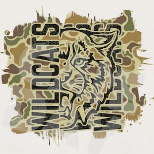 May include: A black and white illustration of a wildcat's head with a camouflage background. The text "Wildcats" is written vertically on the left side of the image and "Wildcats" is written vertically on the right side of the image.