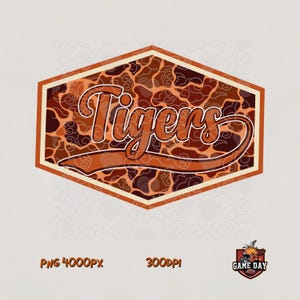 May include: A hexagonal graphic design featuring the word Tigers in a white script font with a brown outline. The background consists of a brown and orange camouflage pattern with swirling cloud motifs. Below, the text reads PNG 4000Px 300DPI.