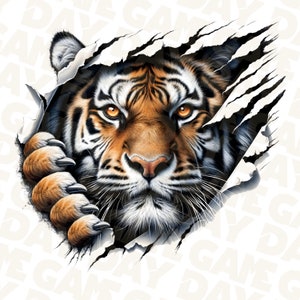 May include: A close-up of a tiger's face peeking through a torn piece of paper. The tiger has orange and black stripes and piercing yellow eyes.