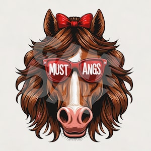 Red Mustangs mascot png | Coquette Mustangs png | Mustangs school spirit png l Mustangs Shirt PNG |  Mustangs hair bow glasses  download